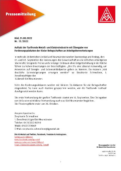 Auftakt der Tarifrunde Metall- und Elektroindustrie mit Übergabe von Forderungsplakaten der Kieler