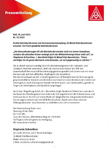 Großer Betriebsrät:innen und Vertrauensleuteempfang: IG Metall Kiel-Neumünster erwartet 120 frisch g
