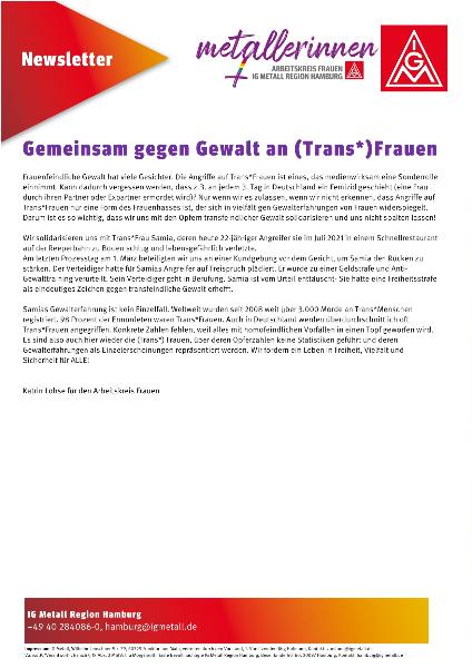 2023 Newsletter 1 Metallerinnen - Gemeinsam gegen Gewalt an (Trans)frauen
